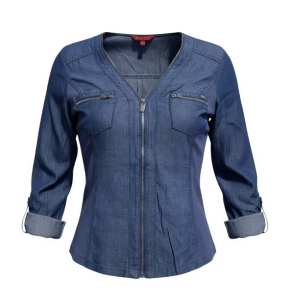 Guess Women's Blue Denim Full Zip Blouse  XL